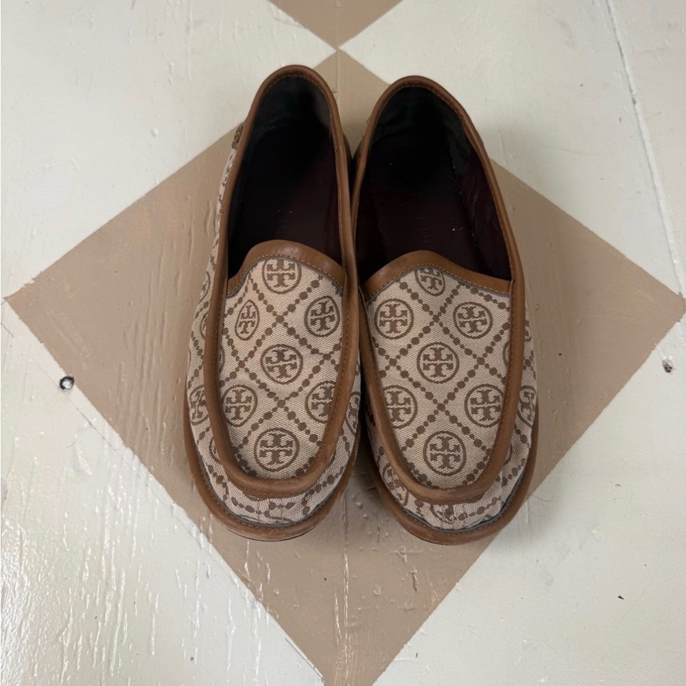 Tory Burch Beige and Tan Logo Canvas Slip-On Loafers